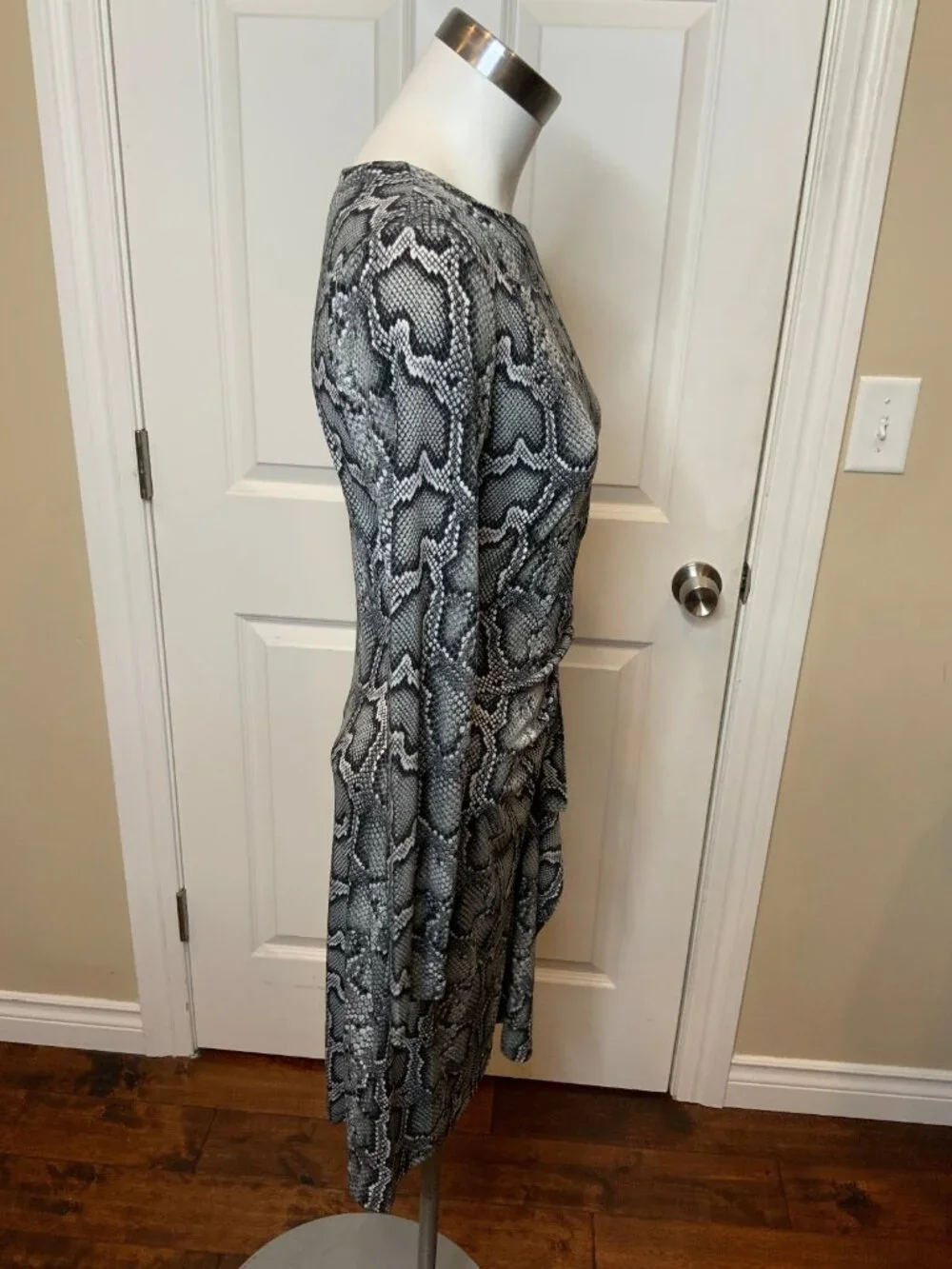 Michael Kors Black & White Snakeskin Print Faux Wrap Buckle Dress, Size S